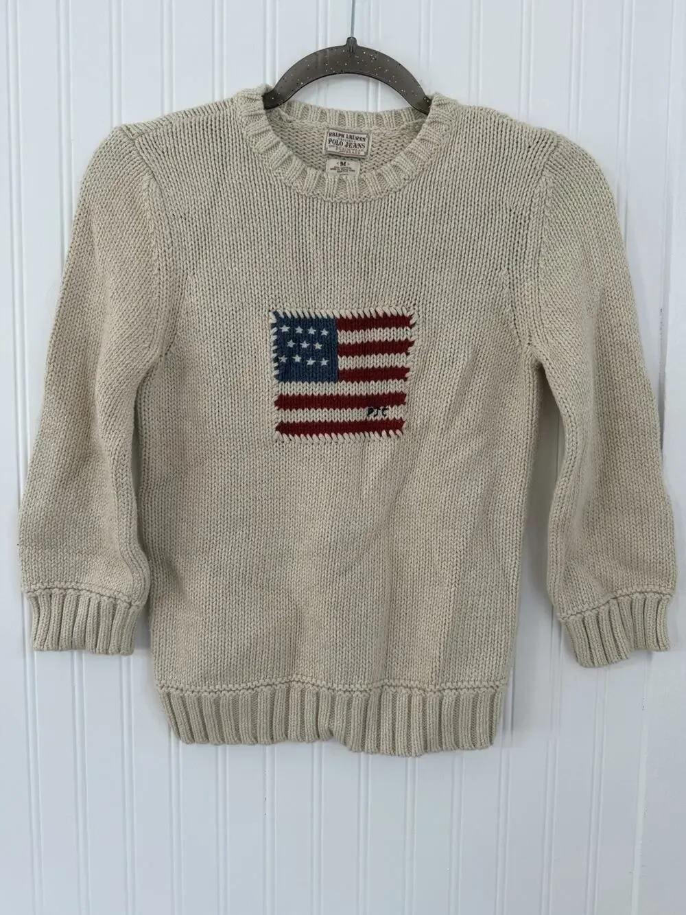 POLO Jeans Ralph Lauren Vintage Kids Boys Ivory Knit Pullover Sweater USA Flag M